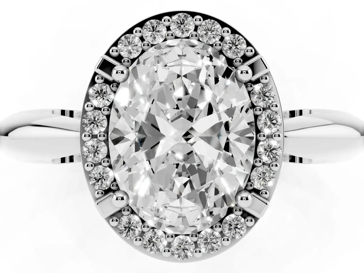 Oval Cut Cut Diamond Halo Engagement Ring with Split Shank and Four-Prong Setting Silver