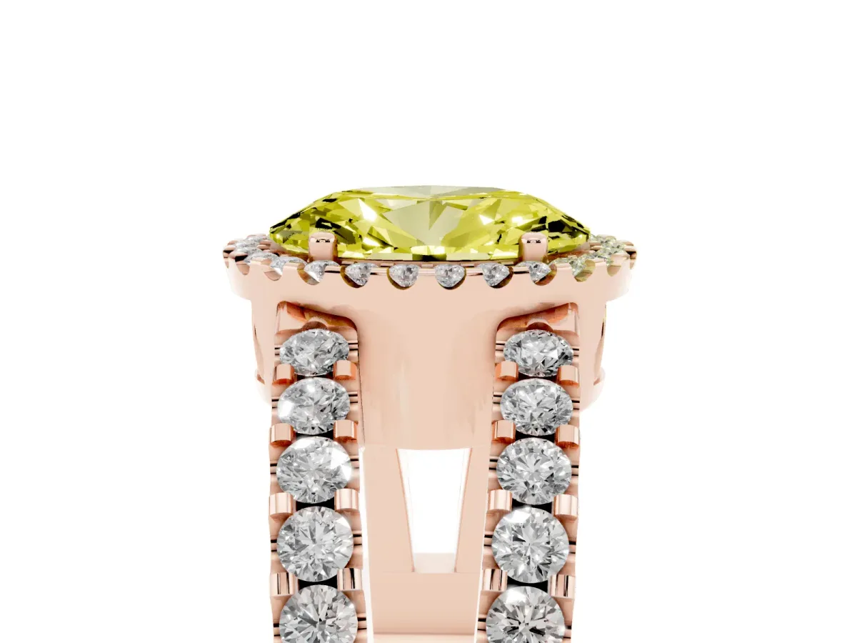 Fancy Yellow Oval Cut Cut Halo Split Shank Diamond Ring with Four-Prong Setting Rose gold