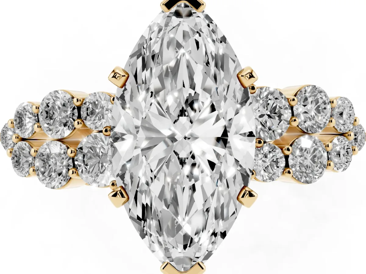 Marquise Cut Cluster Diamond Engagement Ring with Pavé Band and Four-Prong Setting Yellow gold