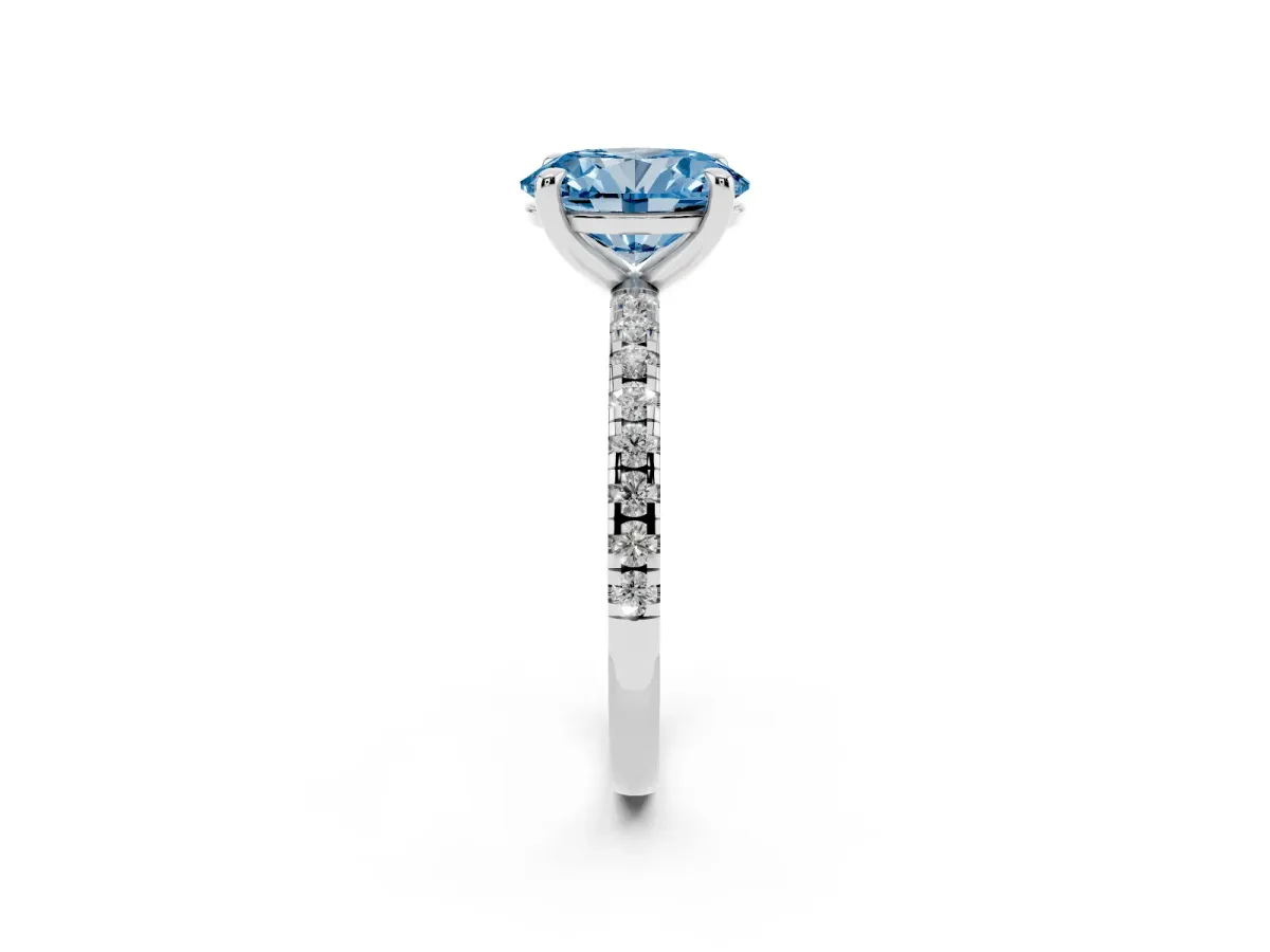 Fancy Blue Oval Cut Diamond Brilliant Solitaire Ring with Pavé Band and Four-Prong Setting Platinum