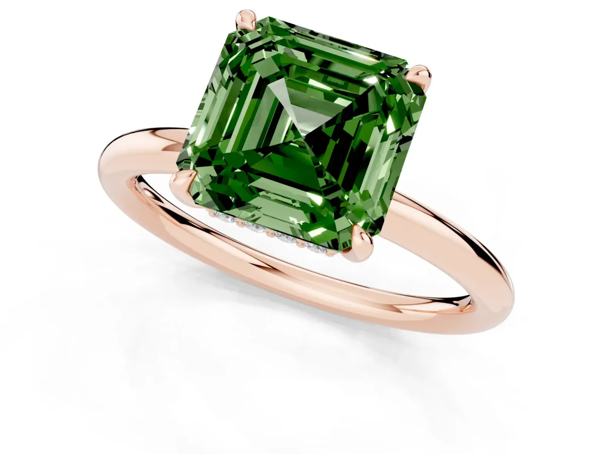 Fancy Green Asscher Cut Diamond Solitaire Ring with Thin Band and Four-Prong Setting Rose gold