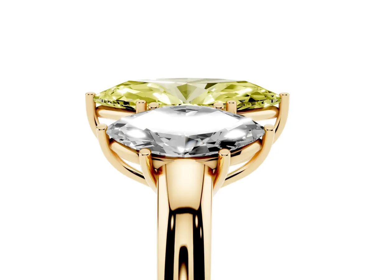 Fancy Yellow Marquise Cut Diamond Three-Stone Ring with Four-Prong Setting and Classic Band Yellow gold