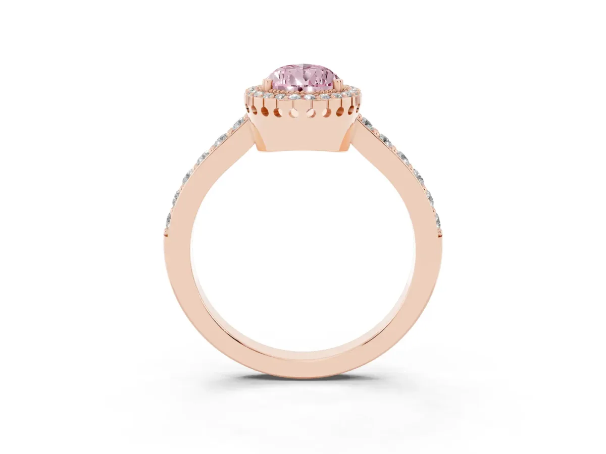 Fancy Pink Pear Cut Cut Diamond Halo Engagement Ring with Milgrain Detail and Pavé Band Rose gold