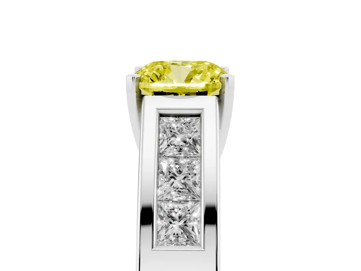 Fancy Yellow Cushion Cut Cut Channel Set Solitaire Ring with Four-Prong Setting Platinum