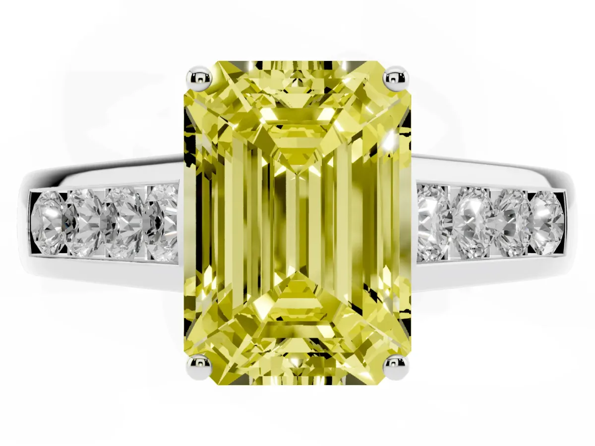 Fancy Yellow Emerald Cut Brilliant Channel-Set Solitaire Ring with Four-Prong Setting White gold