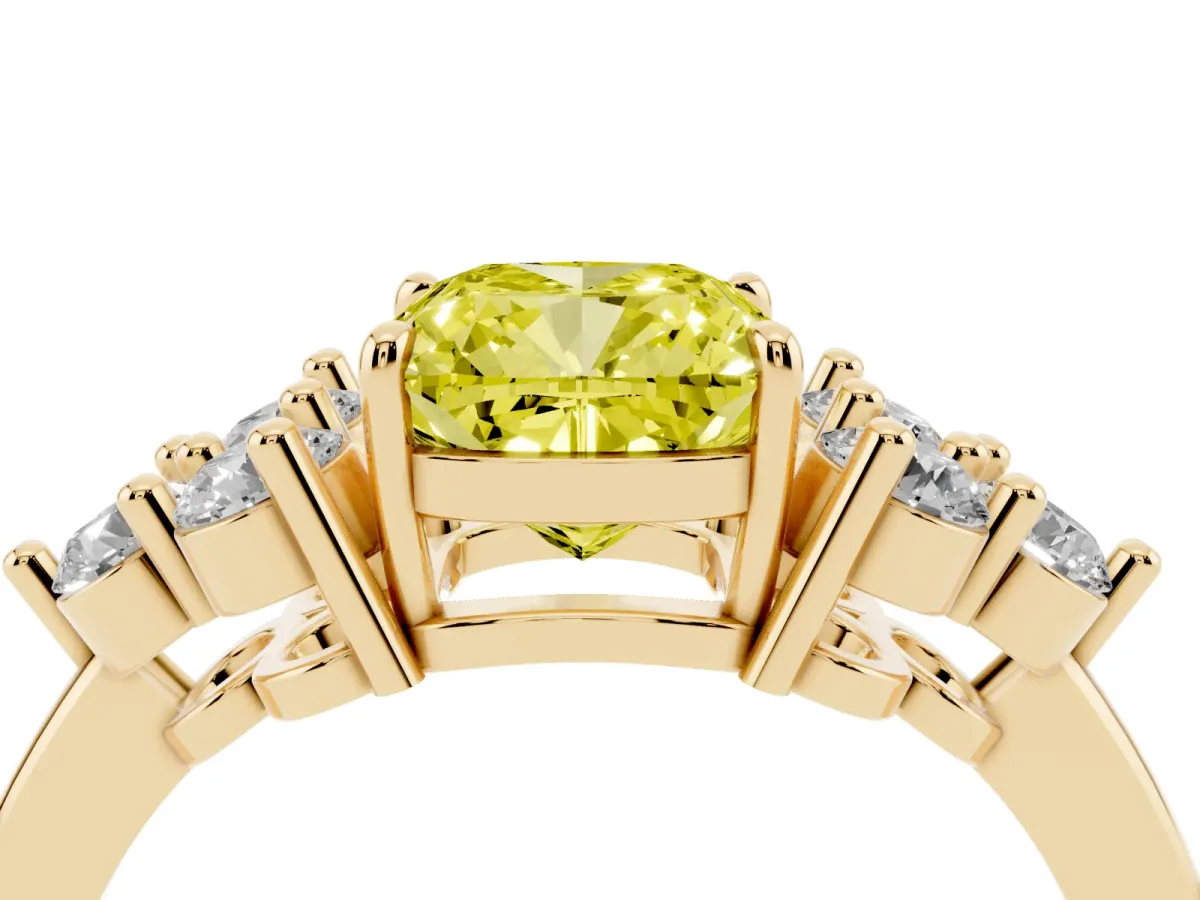 Fancy Yellow Cushion Cut Brilliant Diamond Cluster Accent Solitaire Ring with Prong Setting Yellow gold