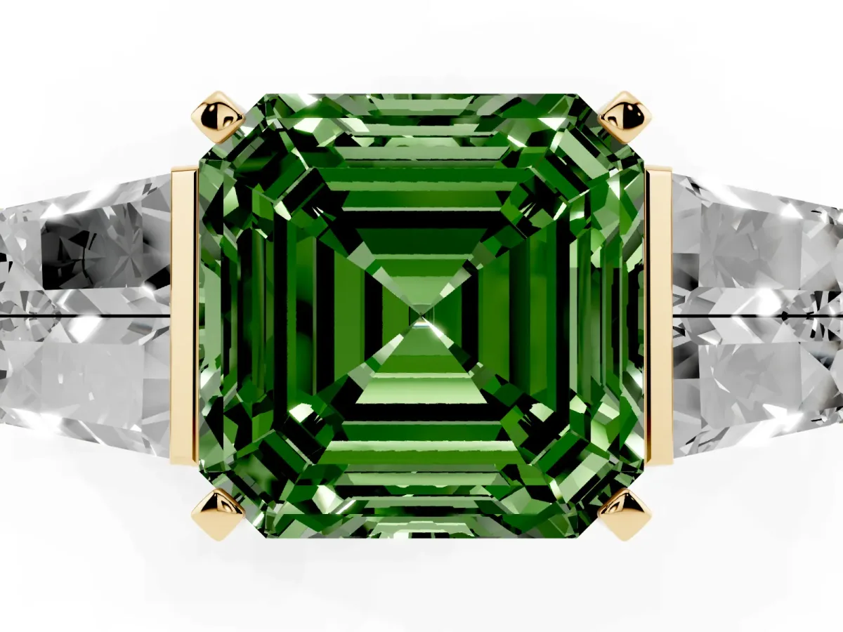 Fancy Green Asscher Cut Diamond Engagement Ring with Baguette Side Stones and Channel Set Band Yellow gold