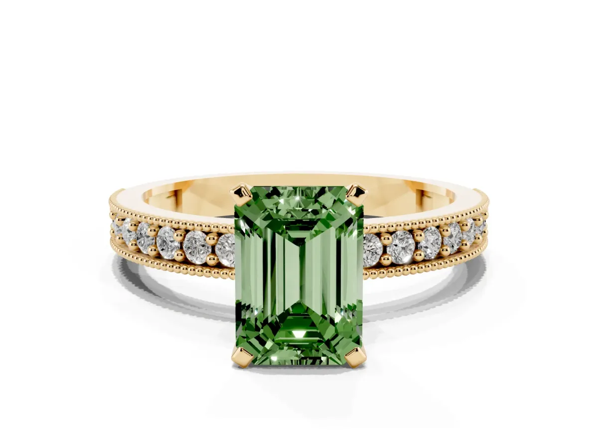 Fancy Green Emerald Cut Diamond Milgrain Pavé Engagement Ring with Four-Prong Setting Yellow gold