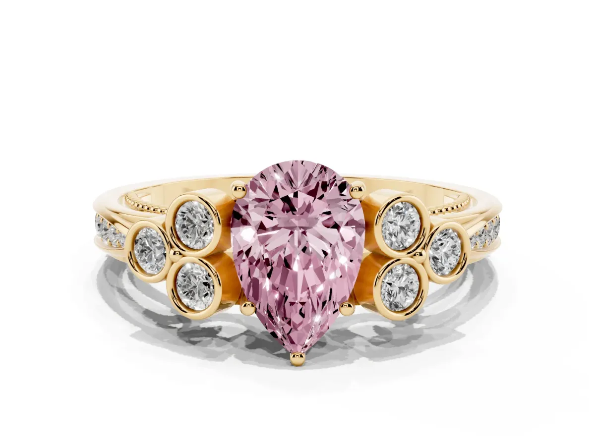Fancy Pink Pear Cut Cut Diamond Engagement Ring with Bezel Set Round Side Stones and Prong Setting Yellow gold