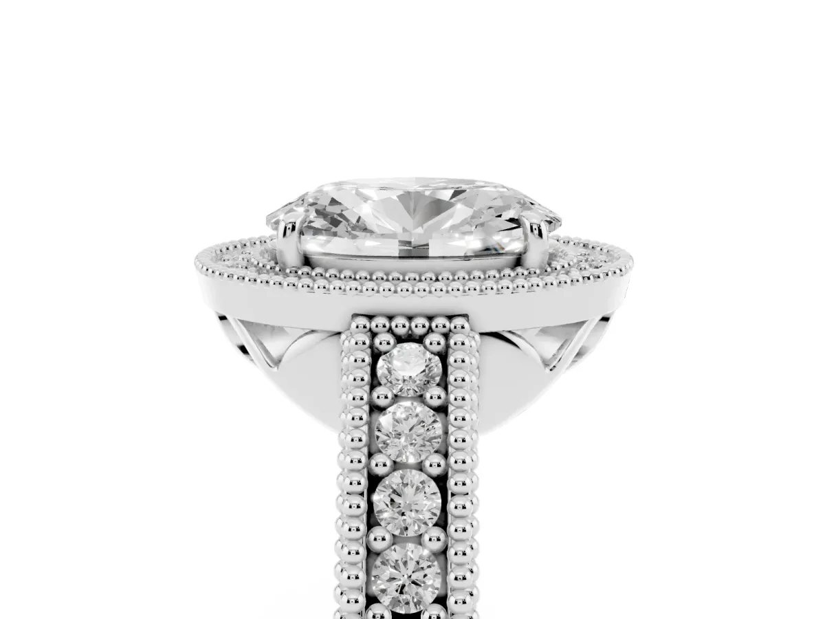 Oval Cut Cut Halo Diamond Ring with Pavé Band and Four-Prong Setting Platinum