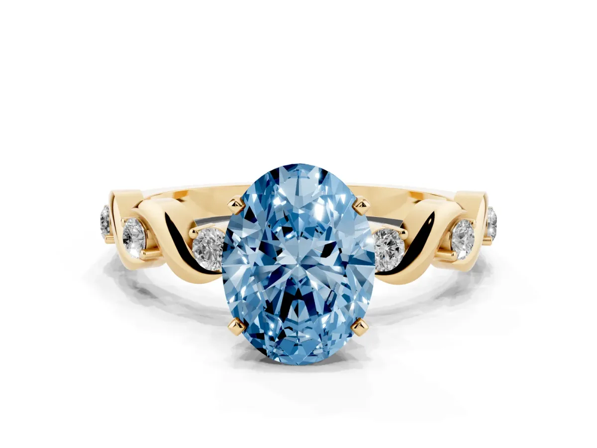 Fancy Blue Oval Cut Diamond Solitaire Twisted Band with Round Accents and Prong Setting Yellow gold