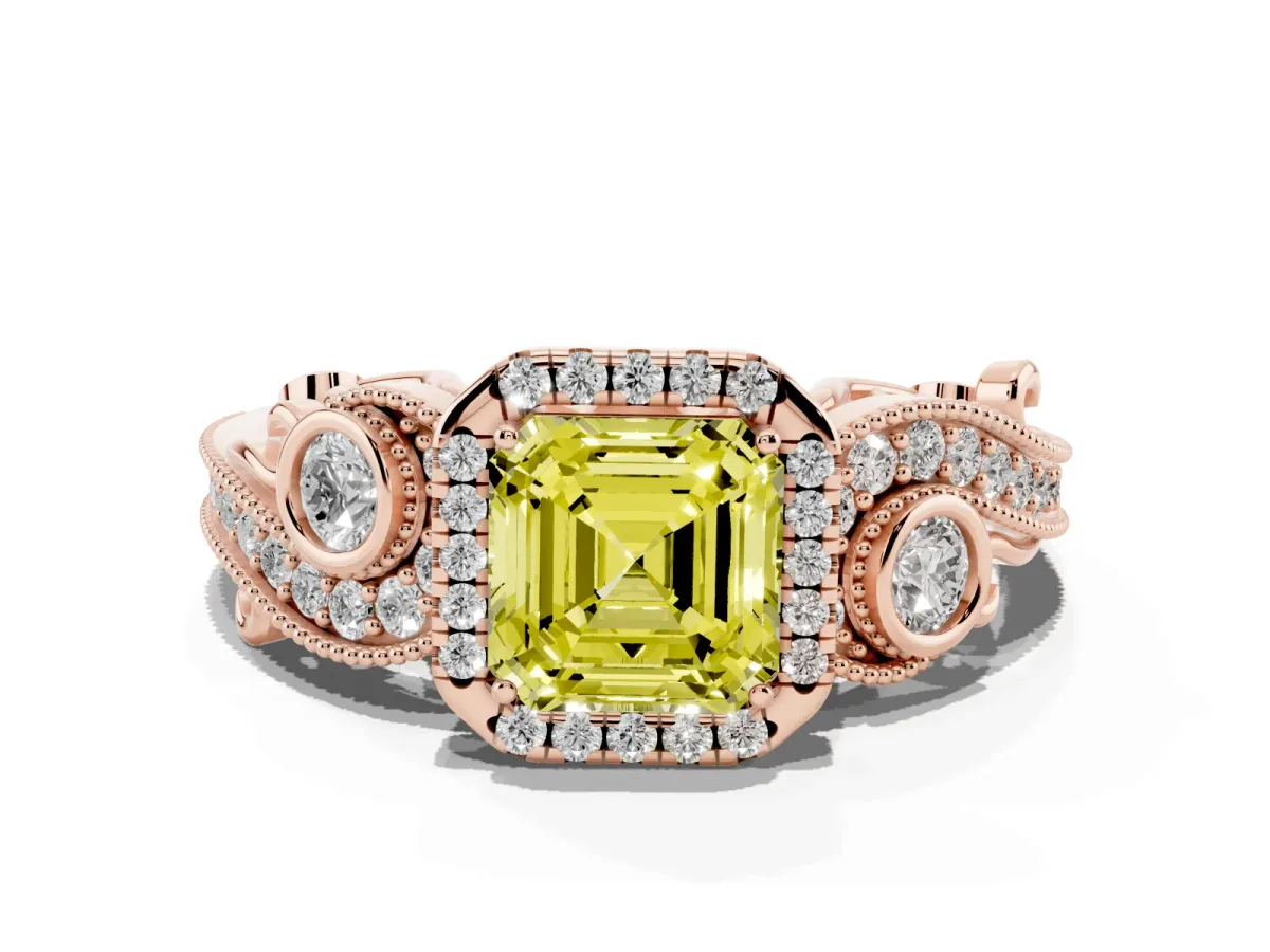 Fancy Yellow Asscher Cut Halo Diamond Ring with Milgrain and Bezel Accents on a Split Shank Band Rose gold