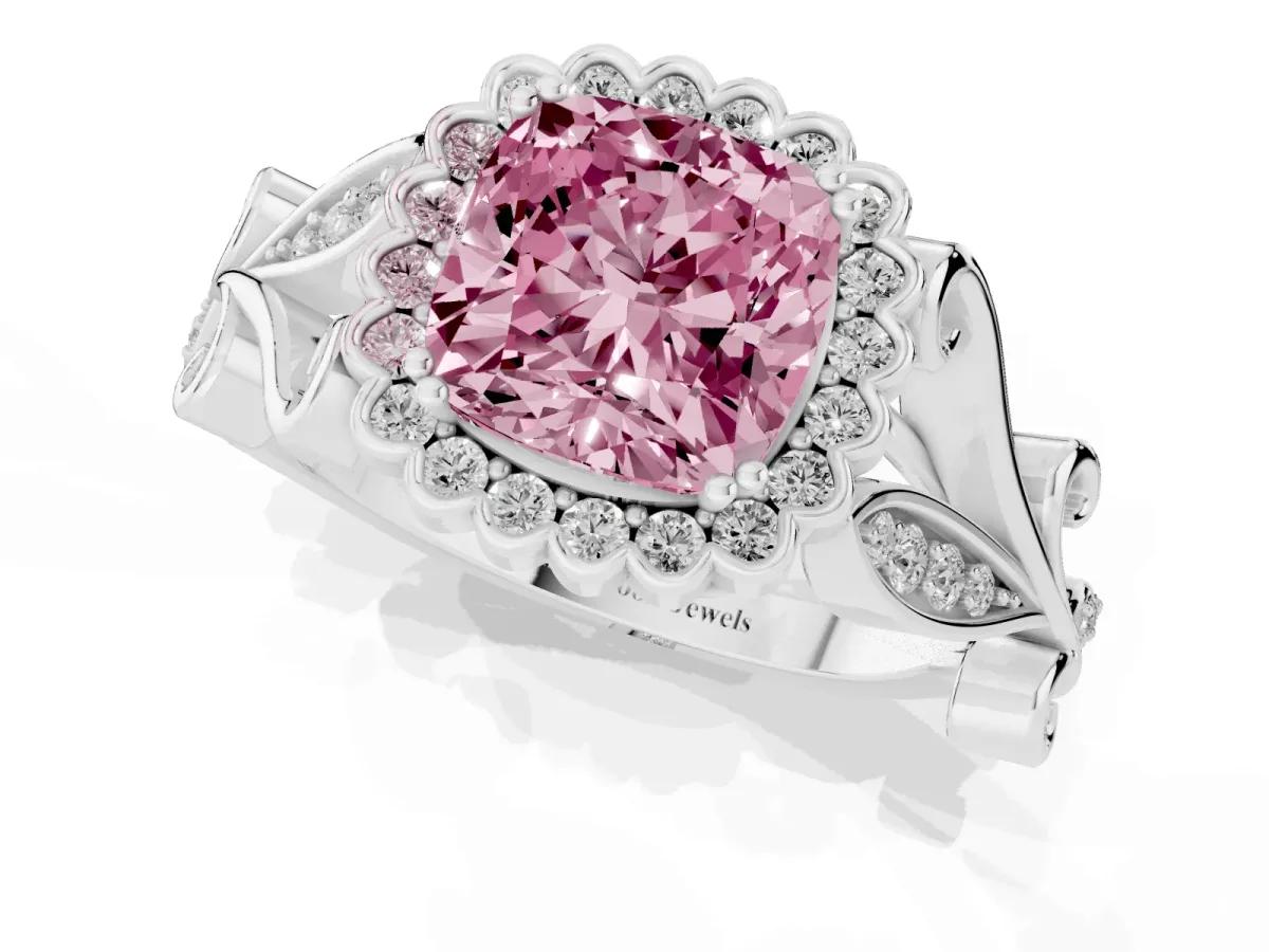 Fancy Pink Cushion Cut Diamond Halo Ring with Vintage Split Shank and Four-Prong Setting Silver