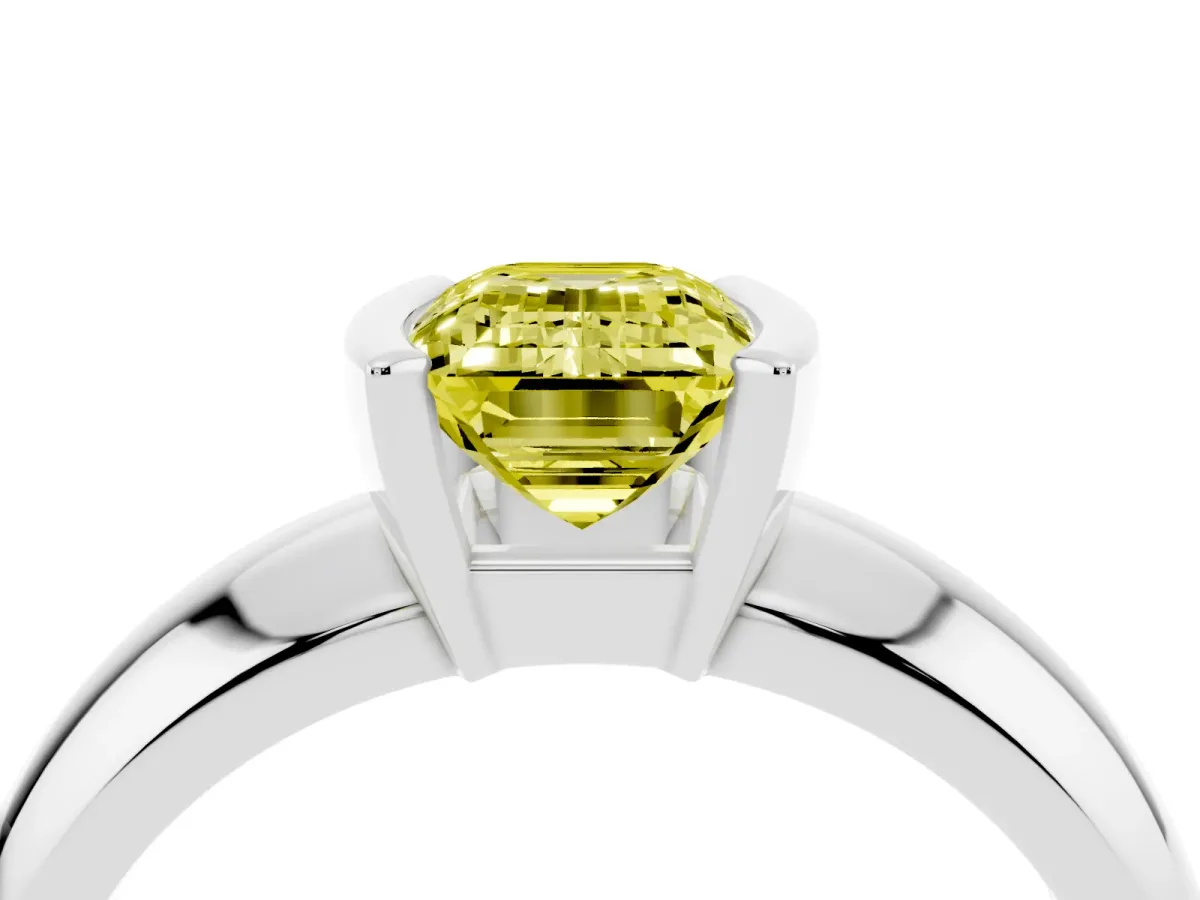 Fancy Yellow Emerald Cut Solitaire Tension Set Diamond Ring with Wide Band Silver
