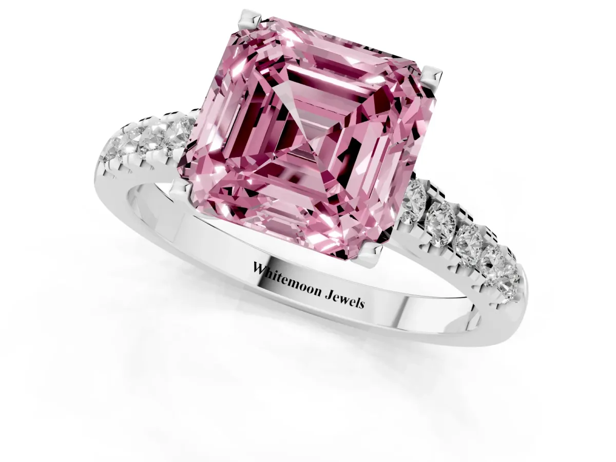 Fancy Pink Asscher Cut Diamond Pavé Band Solitaire Ring with Prong Setting Platinum
