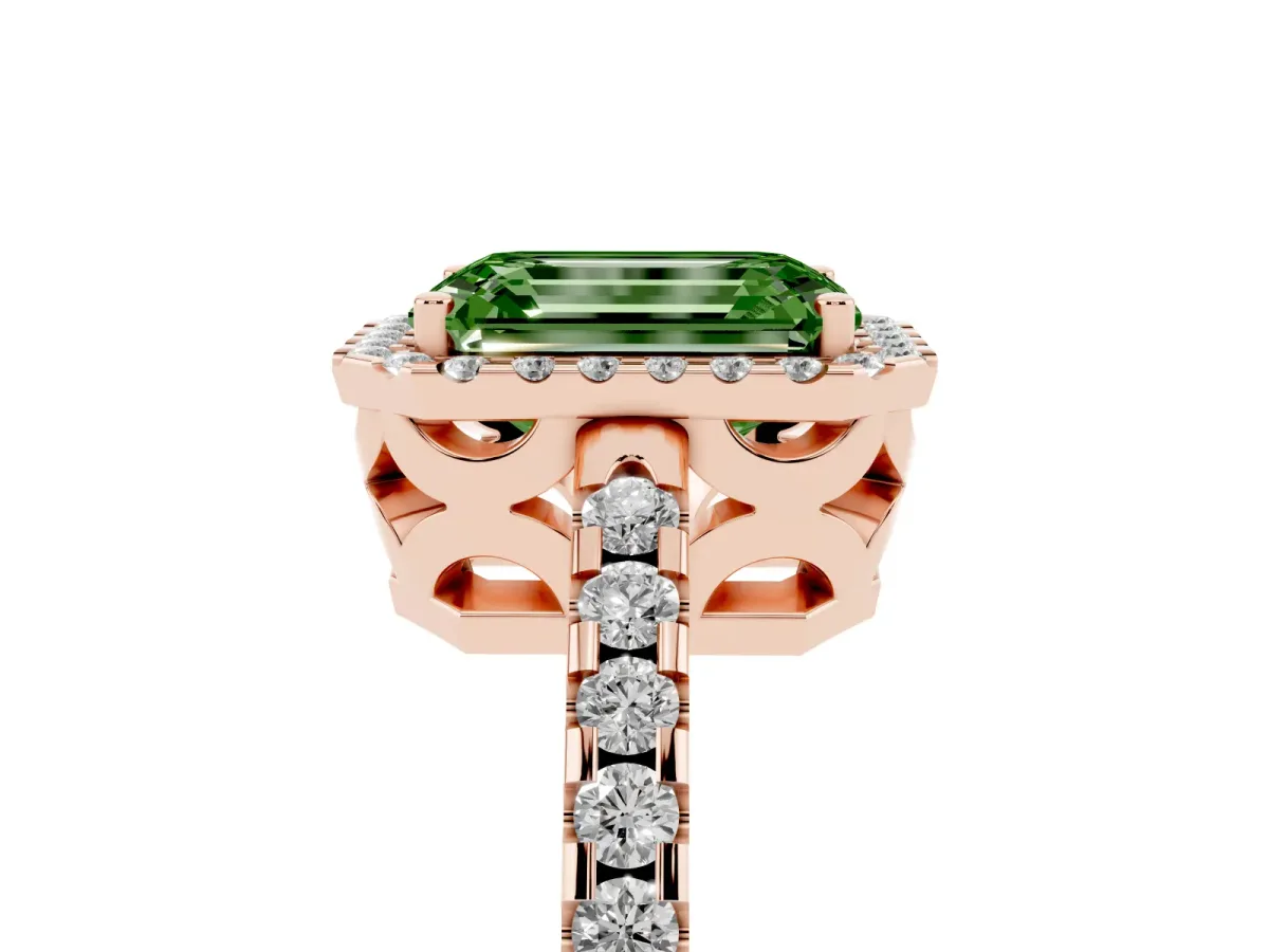 Fancy Green Emerald Cut Diamond Halo Engagement Ring with Pavé Band and Prong Setting Rose gold