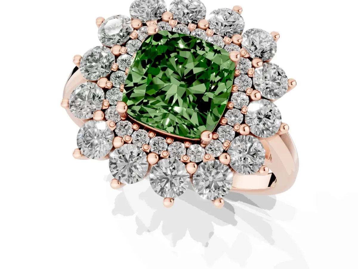 Fancy Green Cushion Cut Diamond Floral Double Halo Engagement Ring with Prong Setting Rose gold