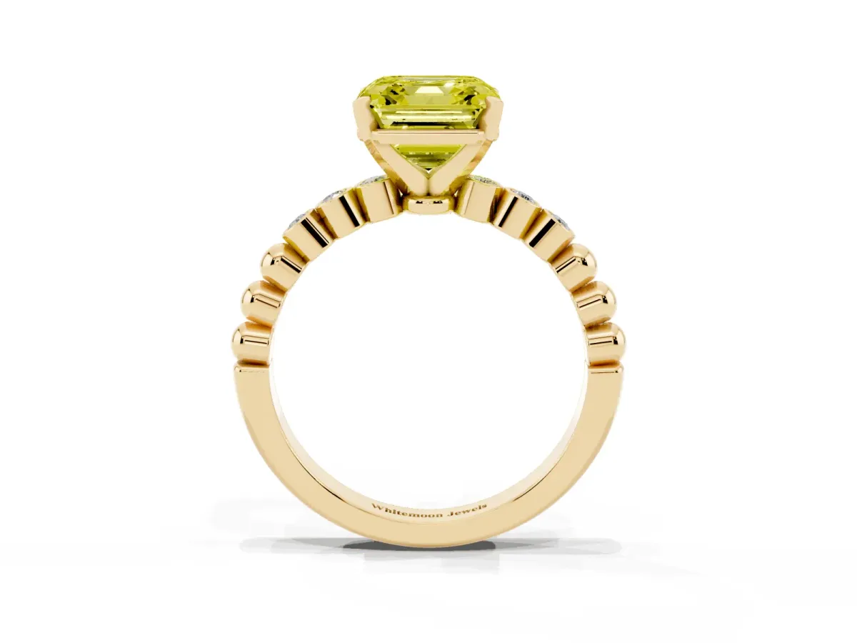 Fancy Yellow Asscher Cut Solitaire Bezel Accent Diamond Engagement Ring with Beaded Band and Four-Prong Setting Yellow gold
