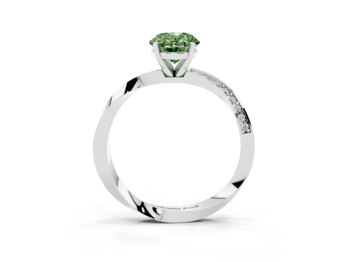 Fancy Green Oval Cut Diamond Engagement Ring with Side Stone Accents and Four-Prong Setting Platinum