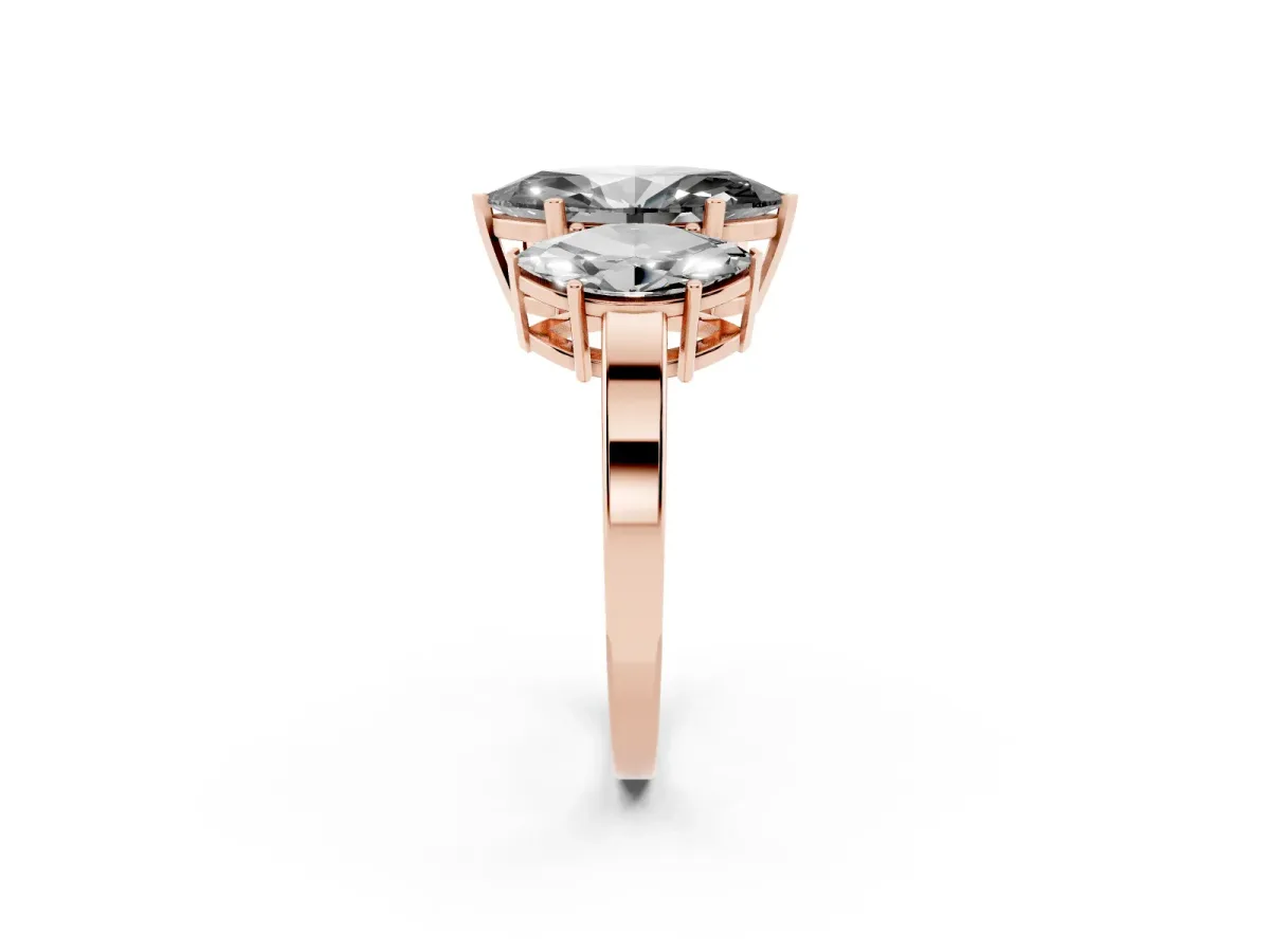 Fancy Black Three-Stone Marquise Cut Cut Diamond Engagement Ring with Flat Band and Four-Prong Setting Rose gold