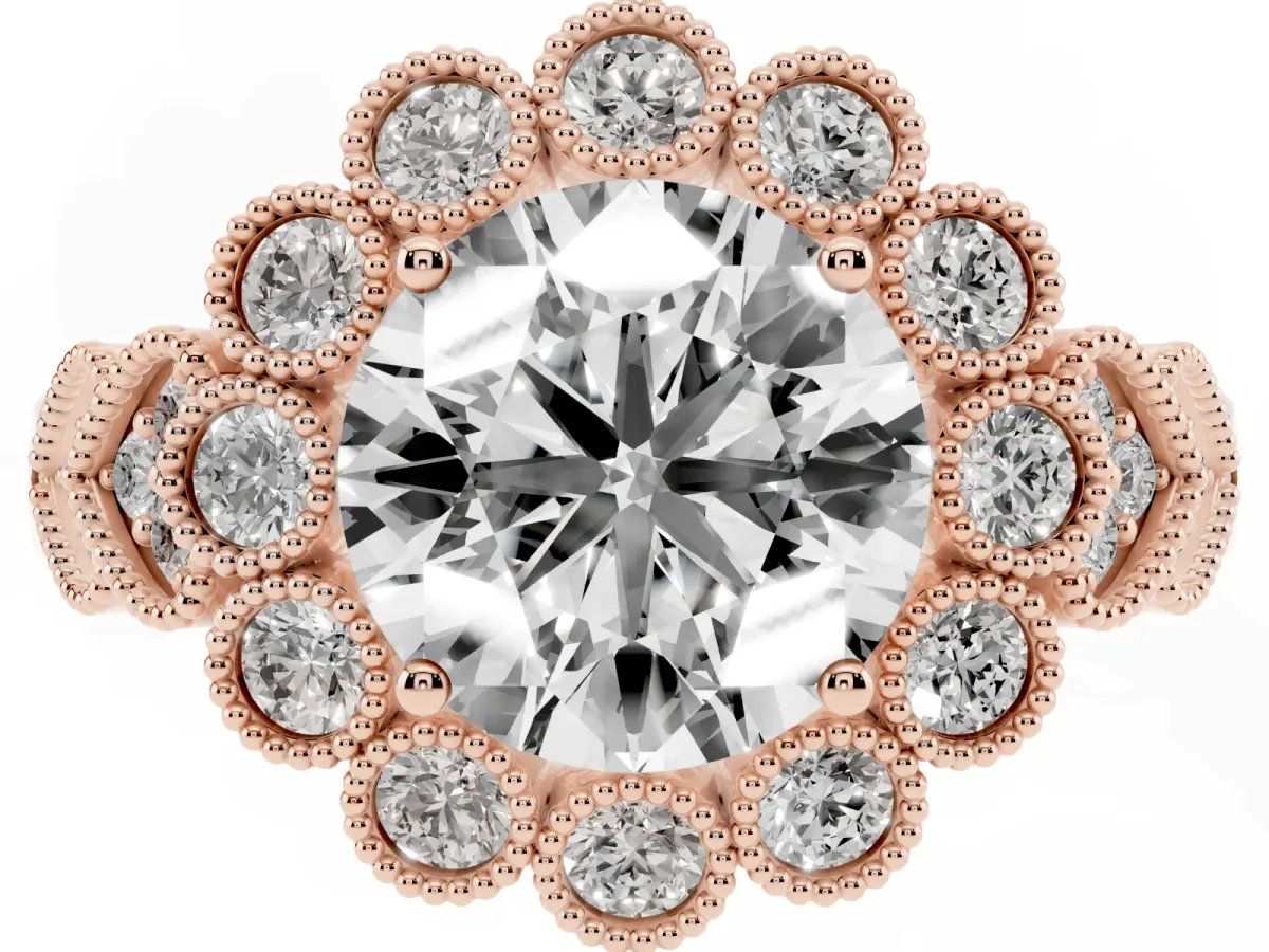 Round Cut Brilliant Milgrain Pave Heart Band Solitaire Ring Rose gold