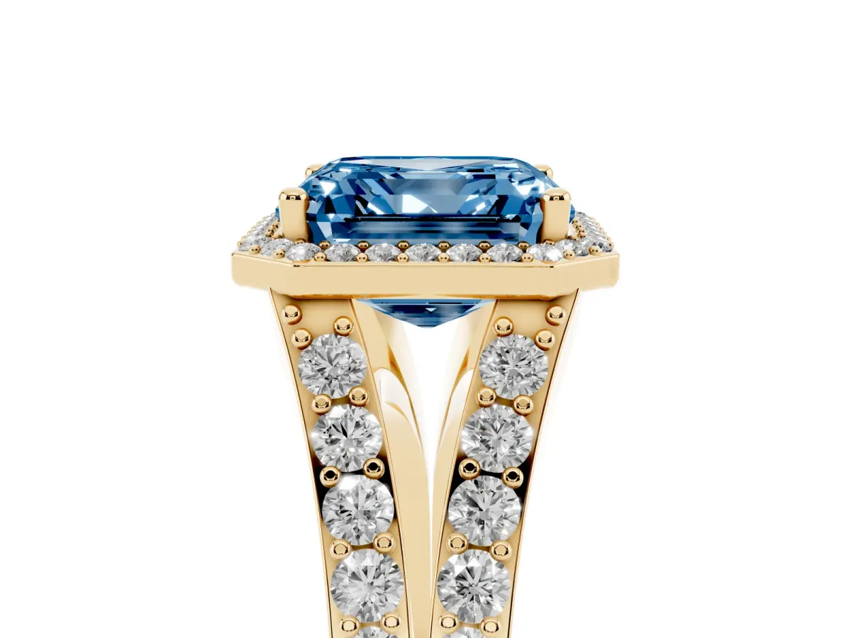 Fancy Blue Asscher Cut Diamond Split Shank Halo Ring with Four-Prong Setting Yellow gold