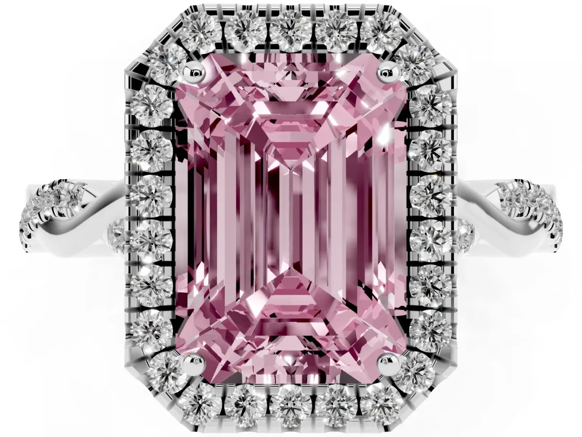 Fancy Pink Emerald Cut Halo Twist Band Solitaire Ring Silver