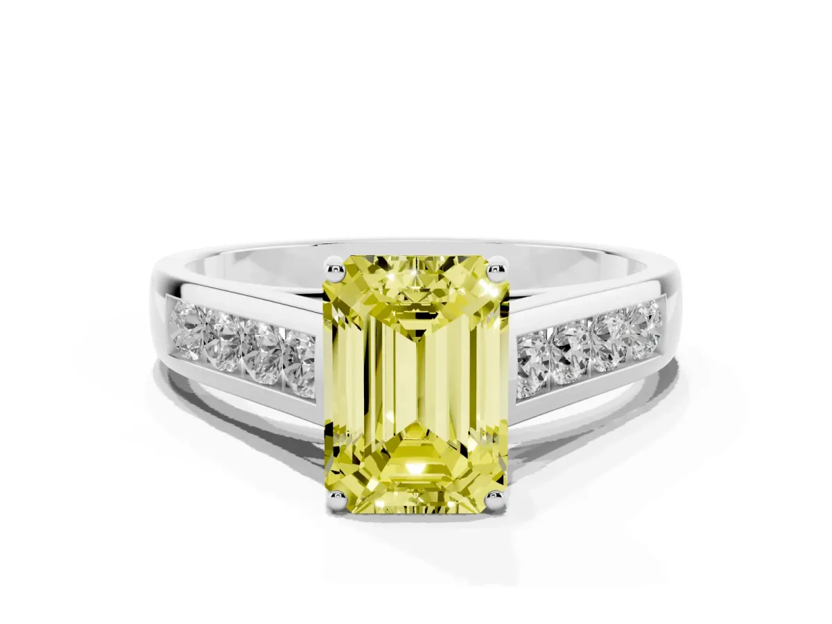 Fancy Yellow Emerald Cut Solitaire Channel-Set Diamond Engagement Ring with Four-Prong Setting Silver