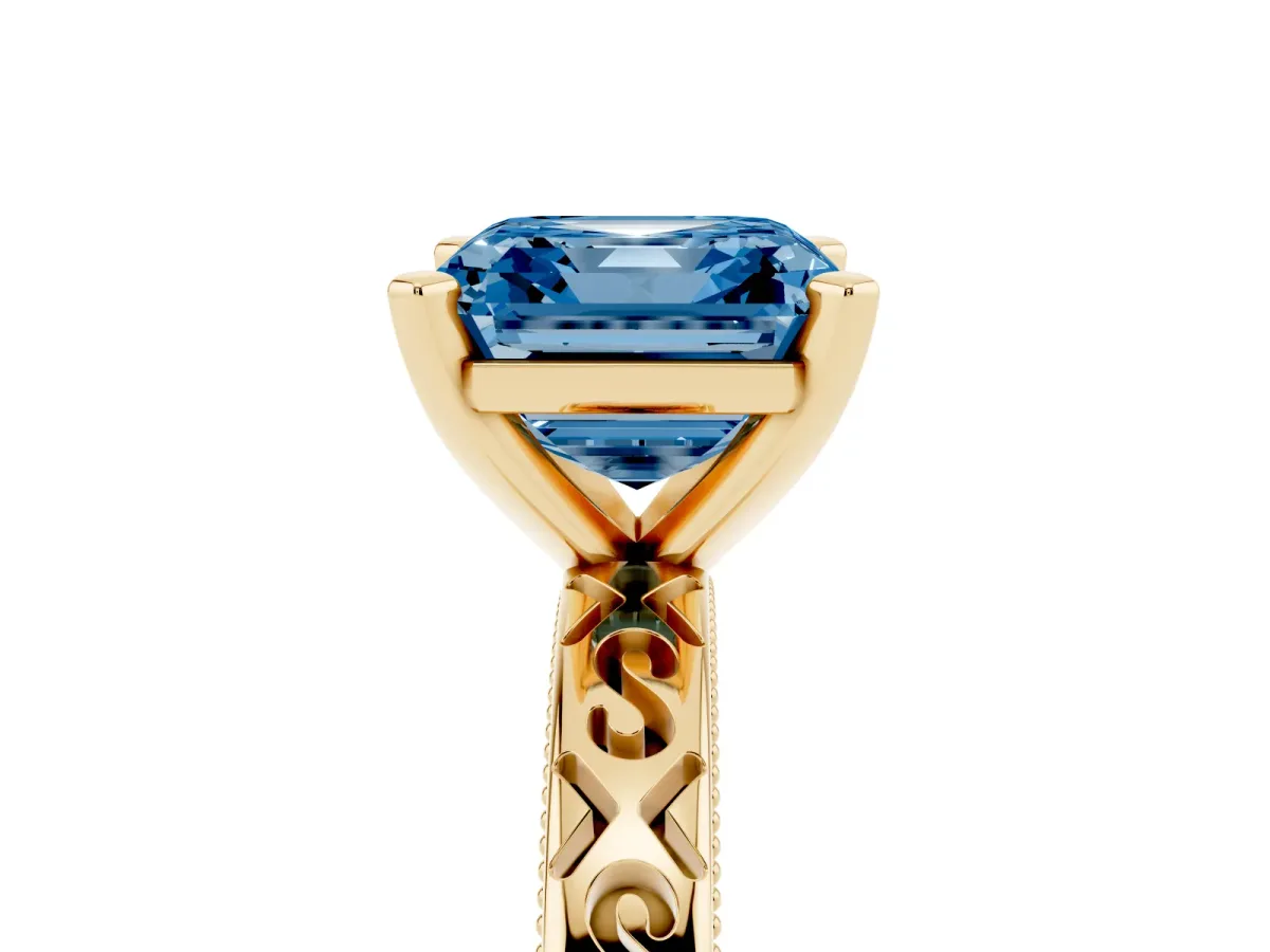 Fancy Blue Asscher Cut Solitaire Engagement Ring with Scrollwork Band and Four-Prong Setting Yellow gold
