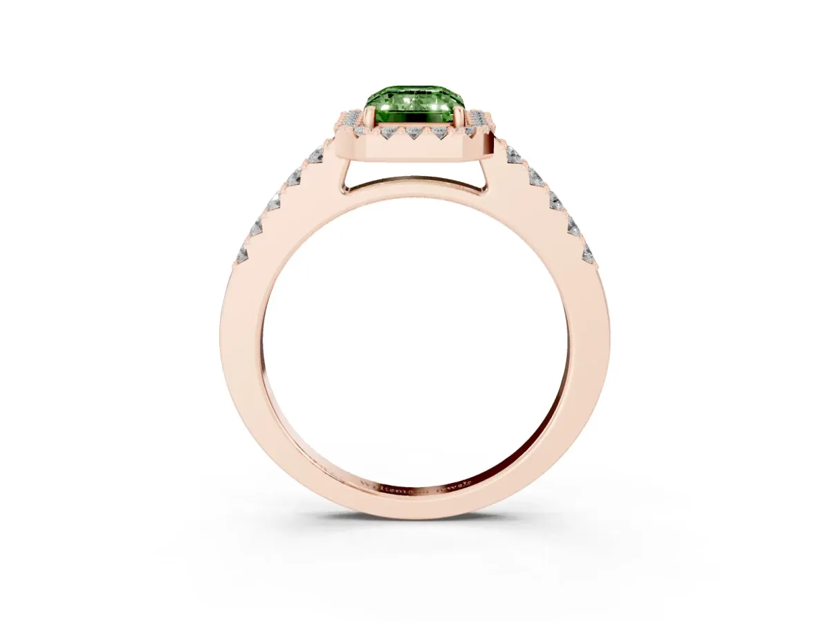 Fancy Green Emerald Cut Halo Diamond Pavé Solitaire Ring Rose gold