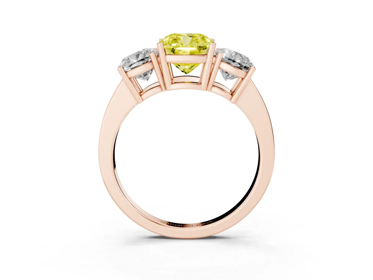 Fancy Yellow Three-Stone Cushion Cut Cut Diamond Engagement Ring with Flat Band and Four-Prong Setting Rose gold