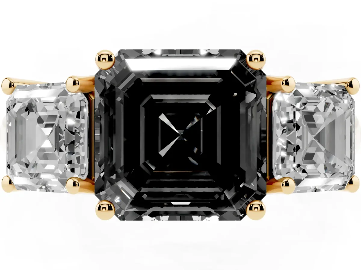 Fancy Black Three-Stone Asscher Cut Diamond Engagement Ring with Prong Setting Yellow gold
