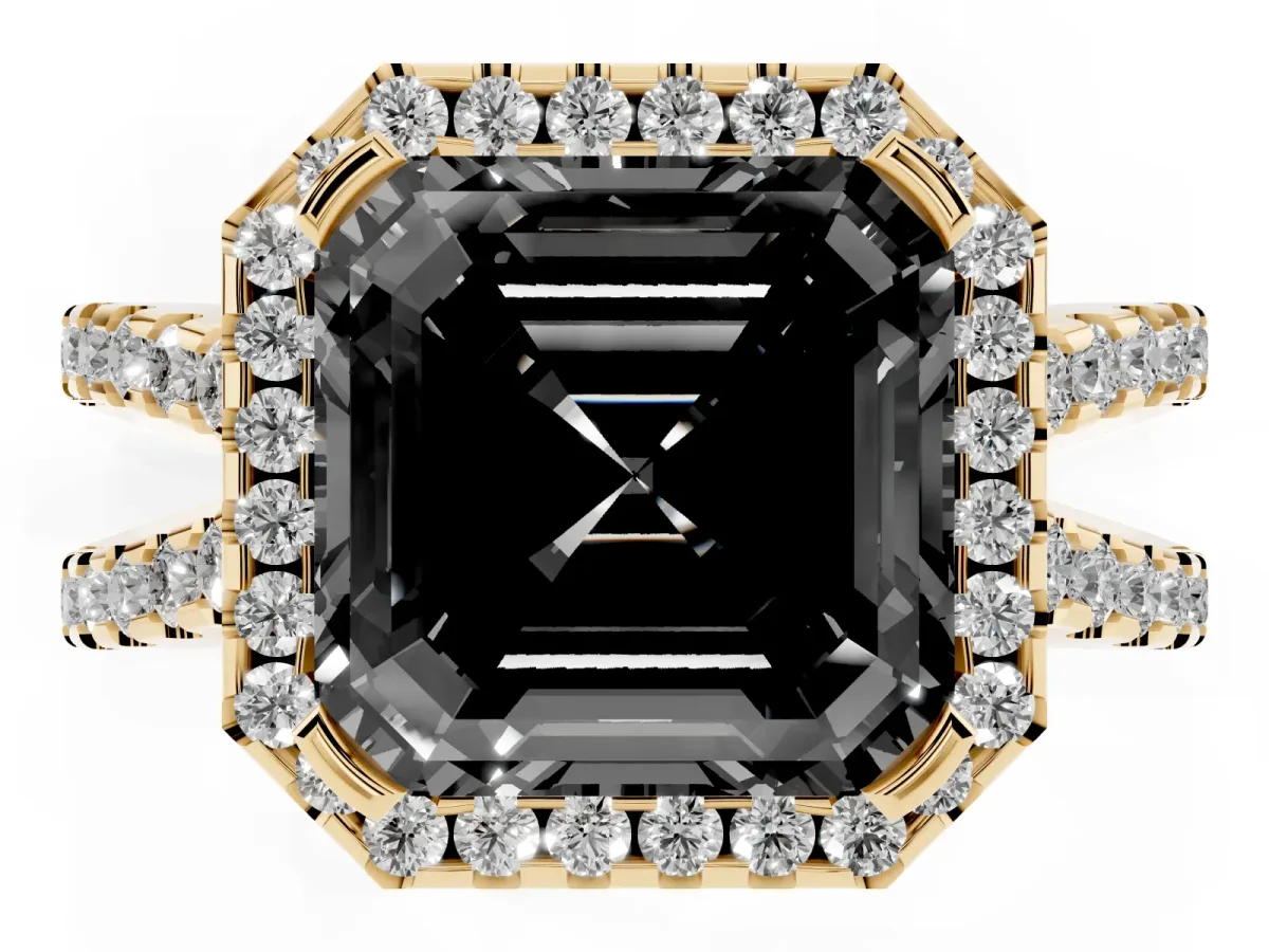Fancy Black Asscher Cut Diamond Halo Ring with Split Shank Pavé Band and Prong Setting Yellow gold