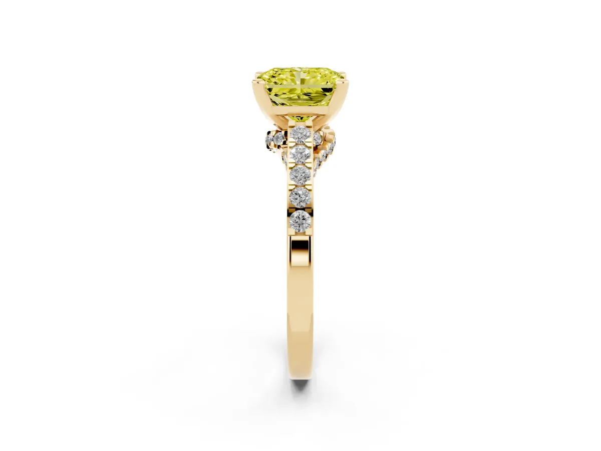 Fancy Yellow Radiant Cut Diamond Solitaire Ring with Crossover Gallery and Round Pavé Band Yellow gold