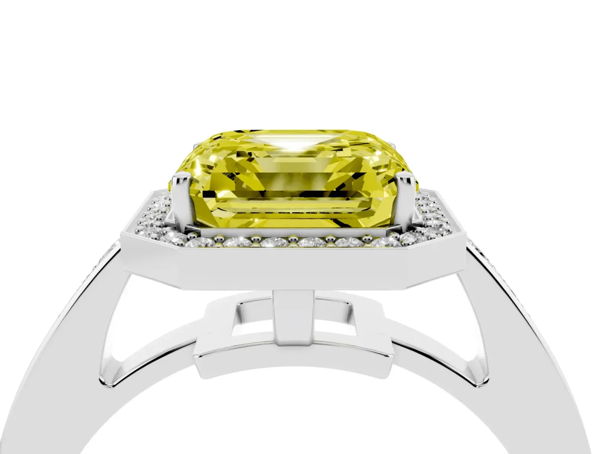 Fancy Yellow Asscher Cut Halo Pavé Diamond Engagement Ring with Bezel Setting Silver