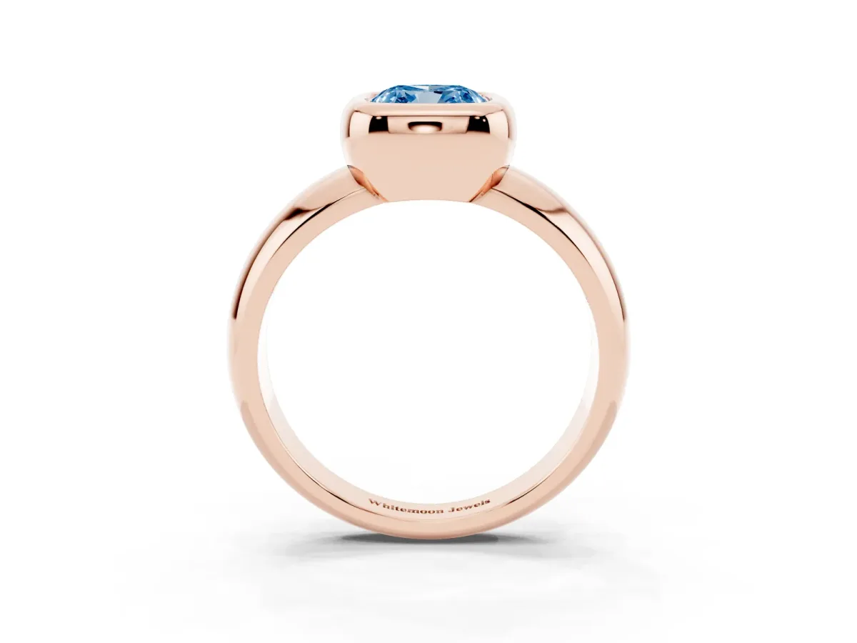 Fancy Blue Bezel Set Cushion Cut Solitaire Ring with Wide Band Rose gold