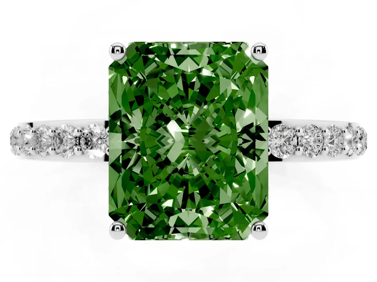 Fancy Green Radiant Cut Diamond Solitaire Ring with Pavé Band and Hidden Halo White gold