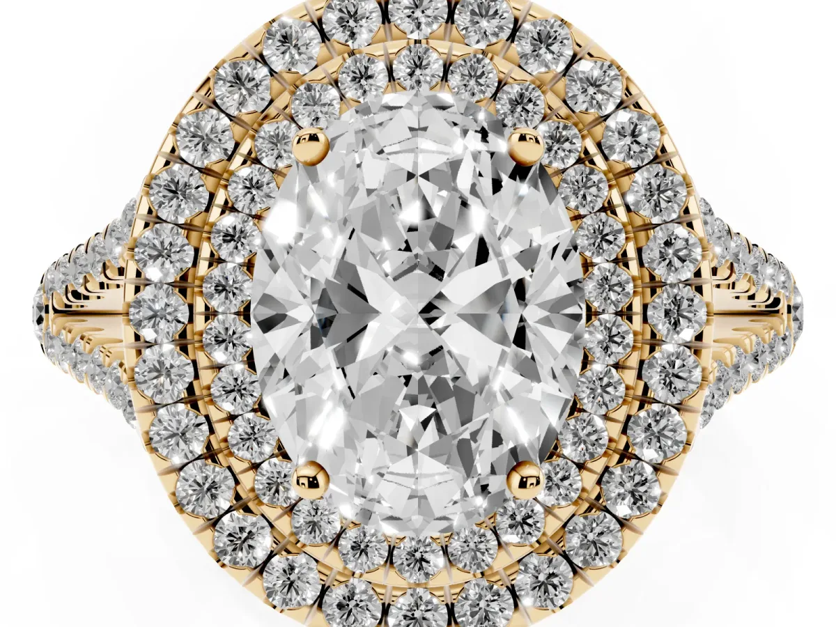 Oval Cut Diamond Double Halo Ring with Pavé Band and Prong Setting Yellow gold