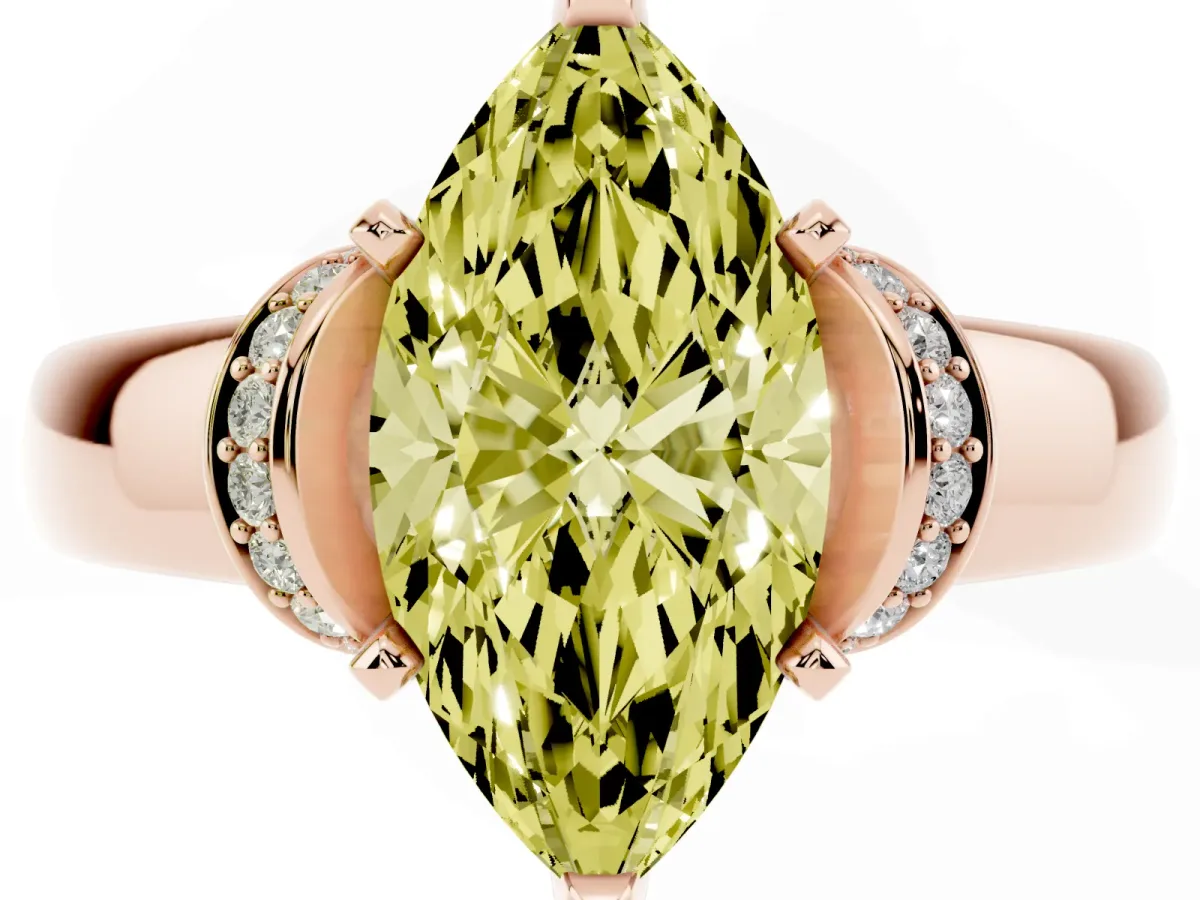 Fancy Yellow Marquise Cut Solitaire Diamond Ring with Pave Band and Six-Prong Setting Rose gold