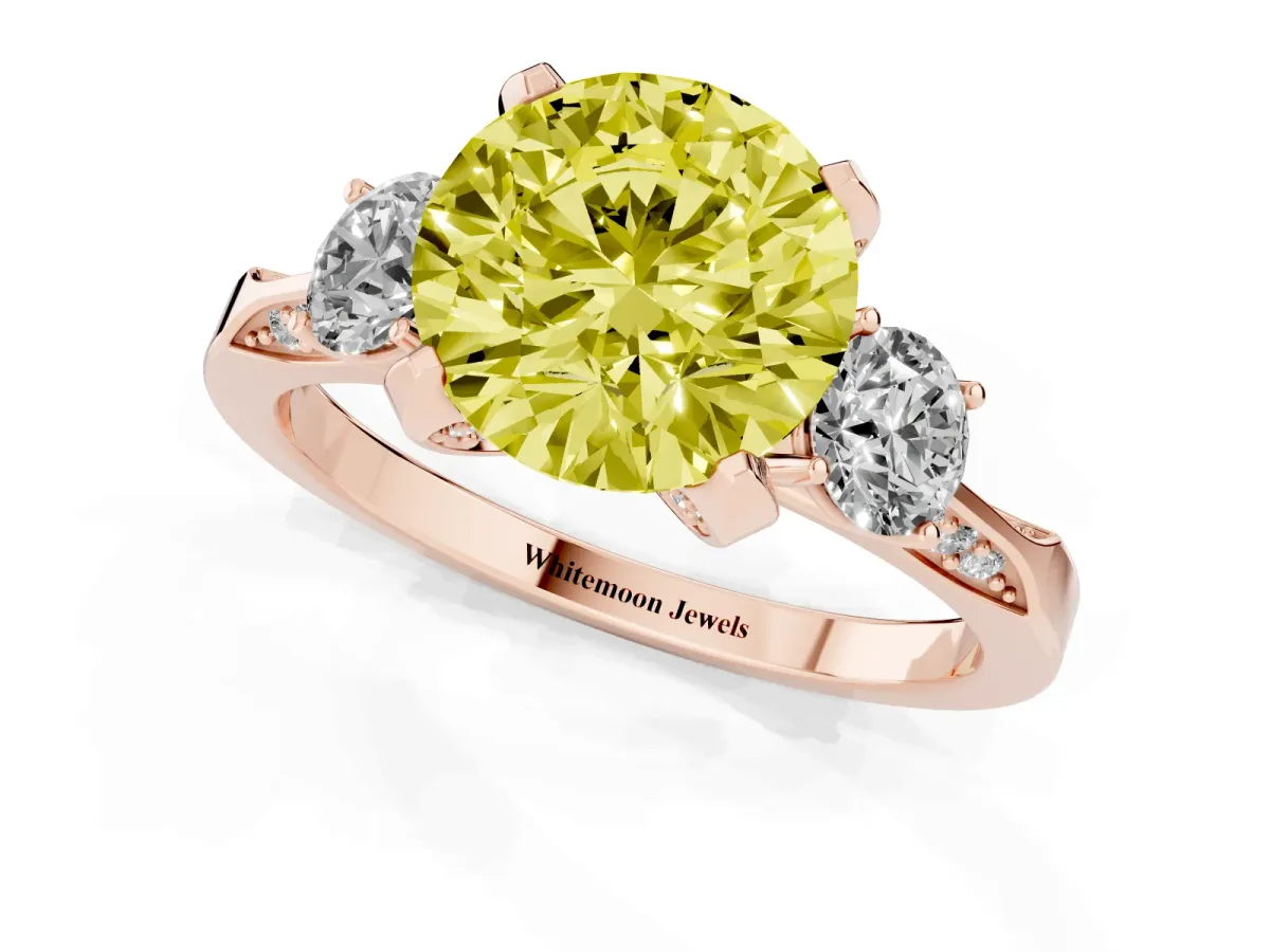 Fancy Yellow Round Cut Brilliant Three-Stone Diamond Ring with Pavé Band and Four-Prong Setting Rose gold