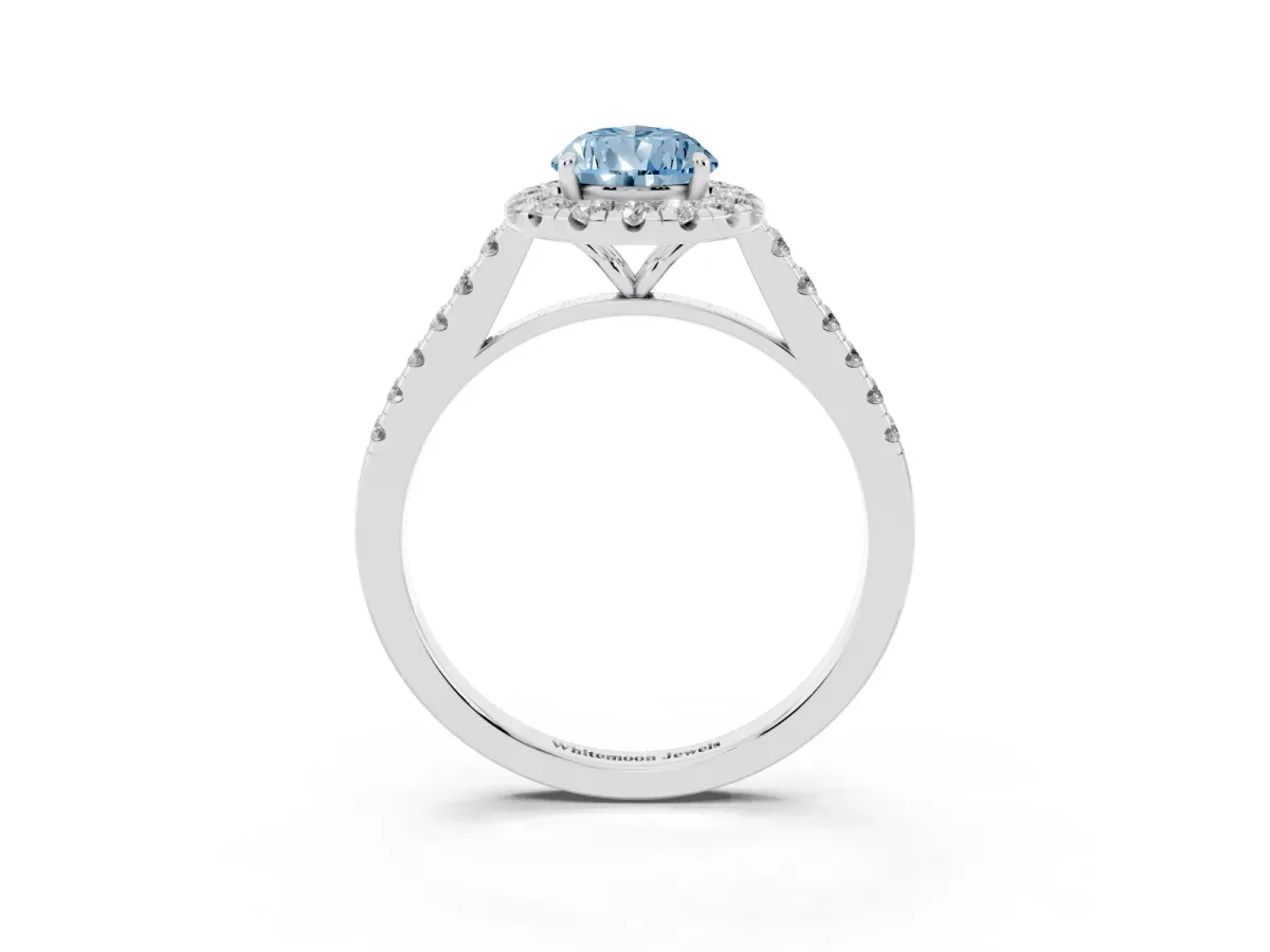 Fancy Blue Pear Cut Halo Pave Diamond Engagement Ring with Four-Prong Setting Silver