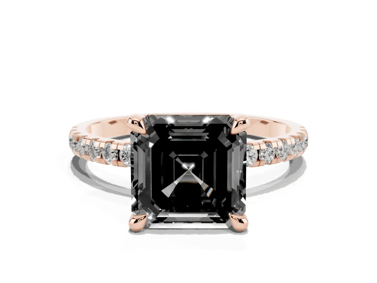Fancy Black Asscher Cut Diamond Brilliant Solitaire Ring with Pavé Band and Four-Prong Setting Rose gold