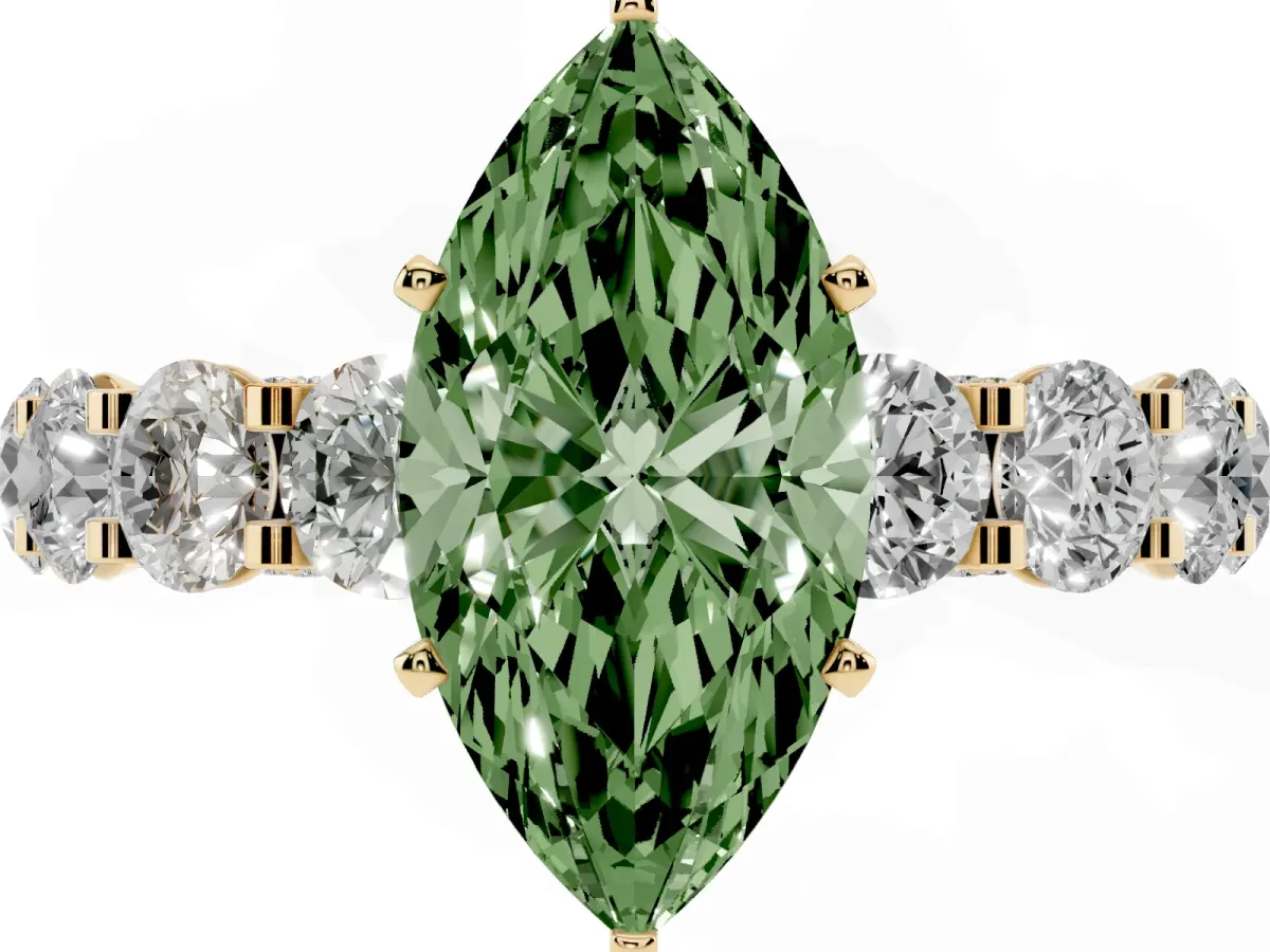Fancy Green Marquise Cut Diamond Side Stone Engagement Ring with Four-Prong Setting Yellow gold