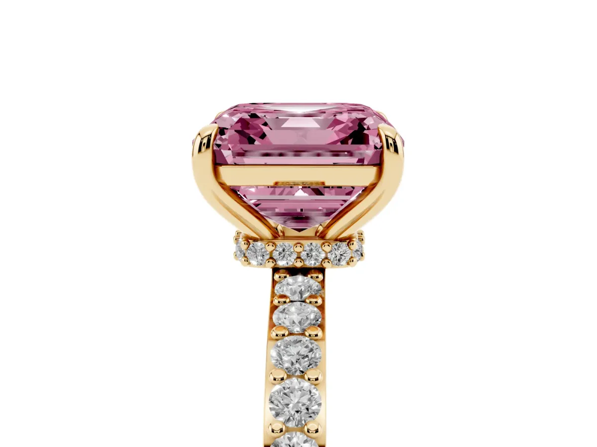 Fancy Pink Asscher Cut Diamond Solitaire Engagement Ring with Pavé Band and Four-Prong Setting Yellow gold