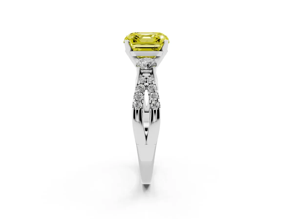 Fancy Yellow Asscher Cut Diamond Three-Stone Ring with Pavé Split Shank and Four-Prong Setting Silver
