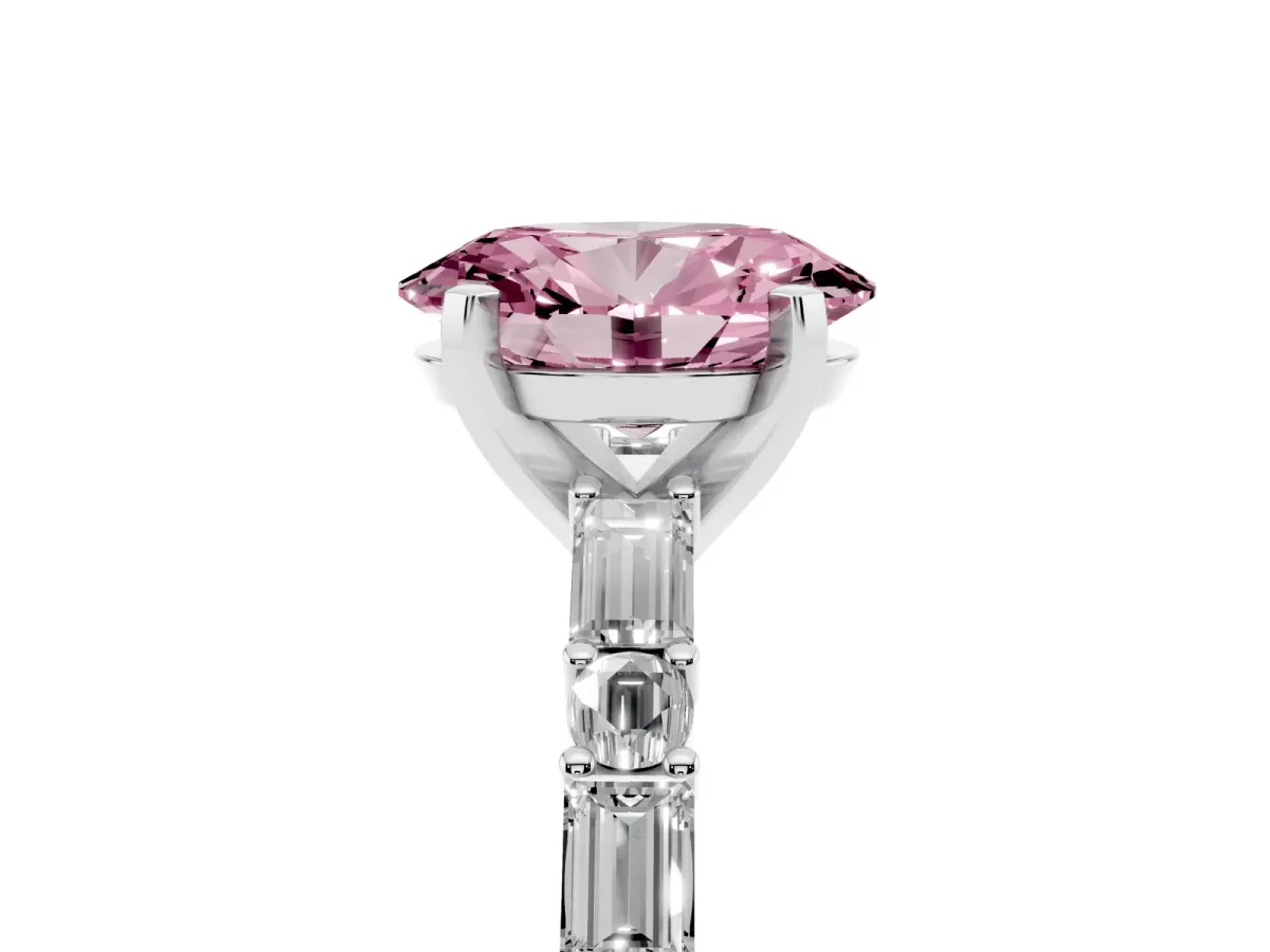 Fancy Pink Oval Cut Diamond Solitaire with Side Baguettes and Channel Set Band Platinum