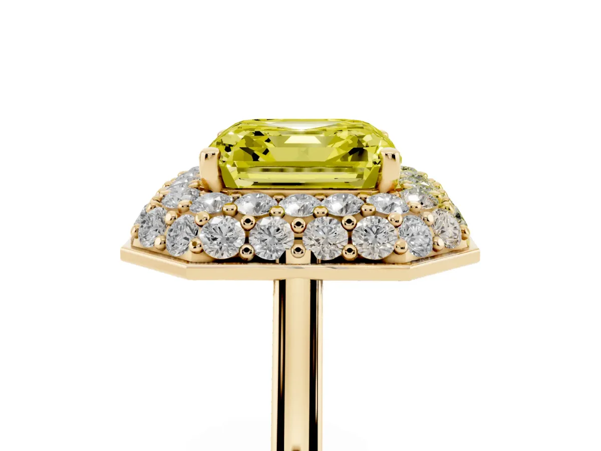 Fancy Yellow Asscher Cut Halo Diamond Engagement Ring with Solitaire Band and Four-Prong Setting Yellow gold
