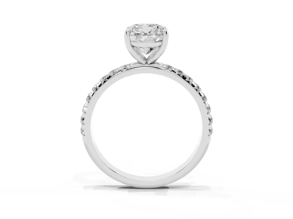 Cushion Cut Cut Diamond Solitaire Ring with Micro Pave Band and Four Prong Setting Silver