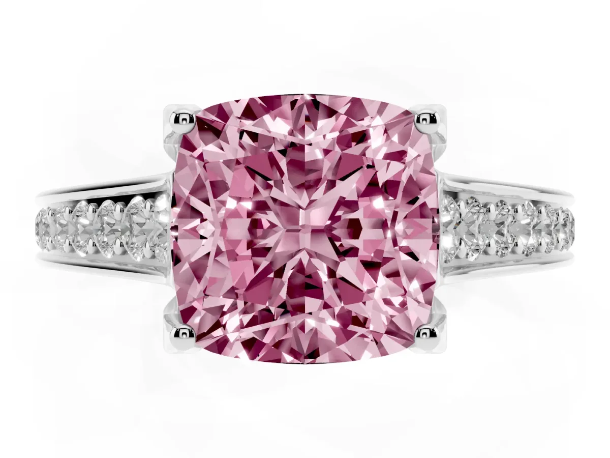 Fancy Pink Cushion Cut Brilliant Cut Diamond Engagement Ring with Pavé Band and Four-Prong Setting Platinum