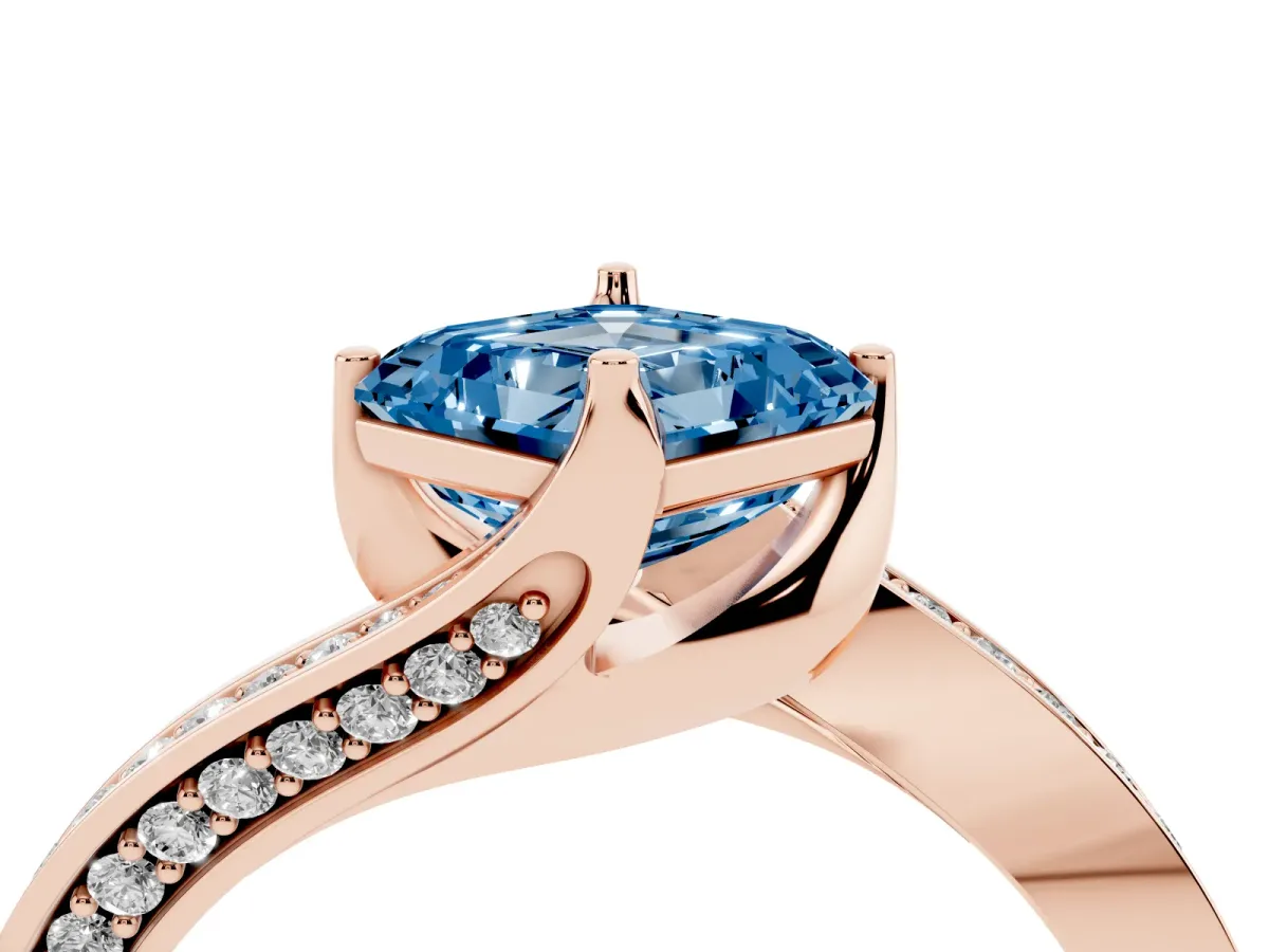 Fancy Blue Asscher Cut Solitaire Diamond Twist Band with Pavé Setting and Four-Prong Setting Rose gold